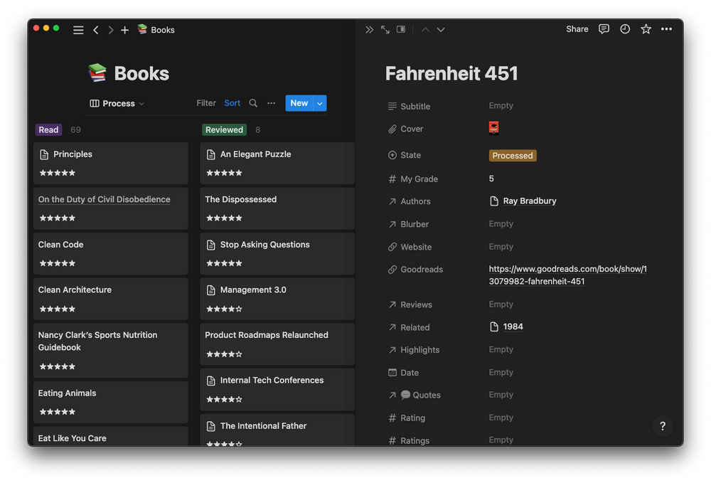 The list of my books in their various stages, along with a detailed view of Fahrenheit 451.
