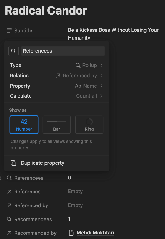 Detailed book view with settings for a "rollup" type of property.